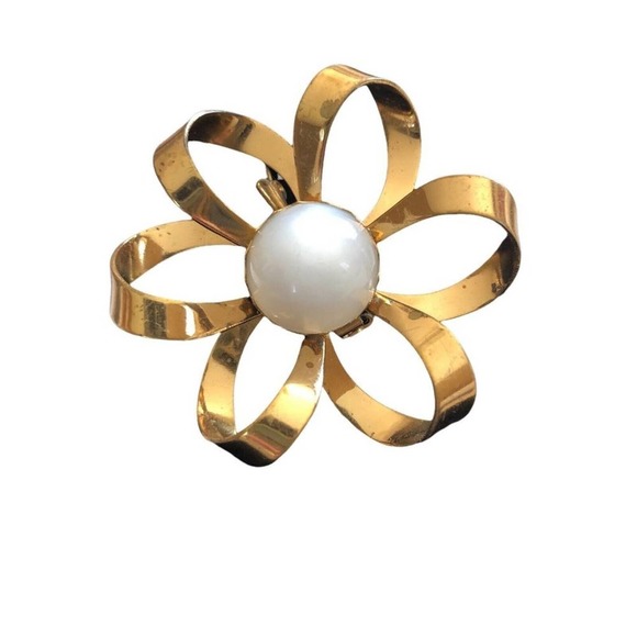 Vintage Jelly Belly Big Flower Statement Brooch Gold Tone White Pearl Center - Picture 3 of 5